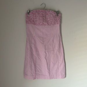 Lilly Pulitzer pink seersucker strapless mini dress with ruffles